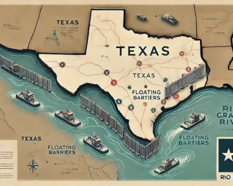 Here’s the updated map illustration representing Texas and the Rio Grande, showing the placement of floating barriers and obstacles