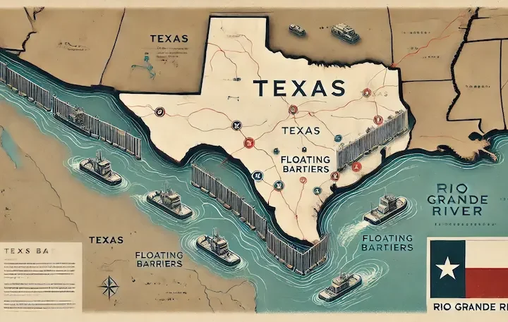 Here’s the updated map illustration representing Texas and the Rio Grande, showing the placement of floating barriers and obstacles