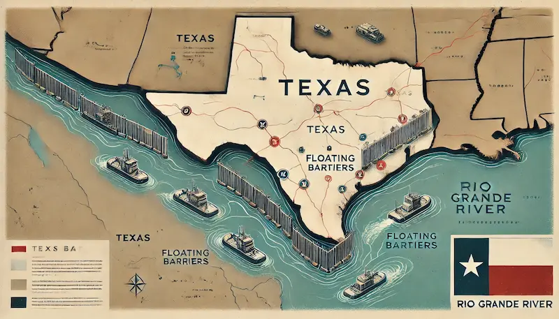 Here’s the updated map illustration representing Texas and the Rio Grande, showing the placement of floating barriers and obstacles