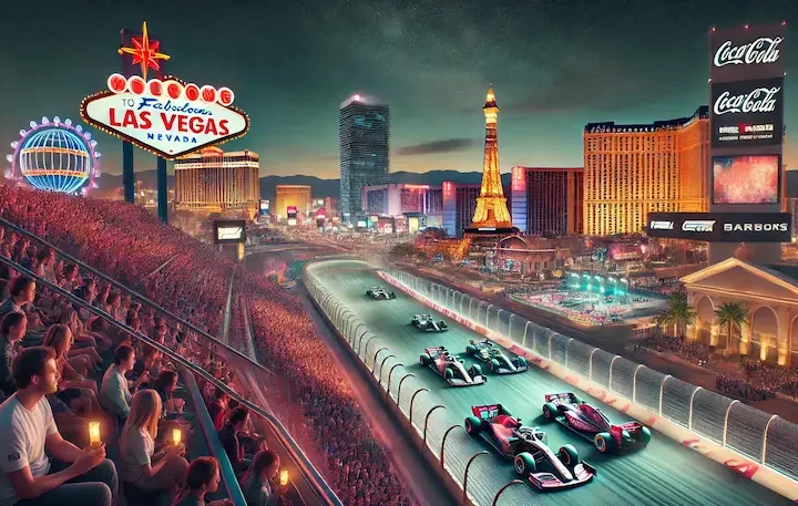 A wide image showing the vibrant Las Vegas Strip lit up at night, with Formula 1 race cars on the track and luxurious viewing platforms filled with spectators. The image should convey a blend of speed, glamour, and the city’s iconic atmosphere.