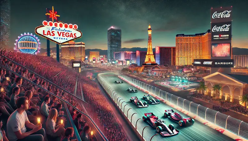 A wide image showing the vibrant Las Vegas Strip lit up at night, with Formula 1 race cars on the track and luxurious viewing platforms filled with spectators. The image should convey a blend of speed, glamour, and the city’s iconic atmosphere.