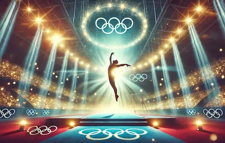 A conceptual image of a gymnastics arena filled with vibrant lighting, symbolizing Károlyi's impact. The central focus is on a gymnast in mid-air, representing the athletes he guided to success, with a subtle tribute to the Olympic spirit in the background. Image Created by AI (C).