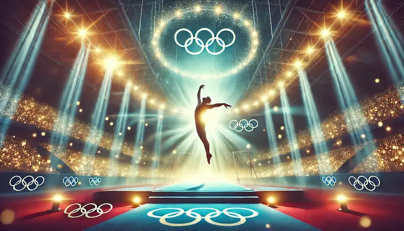 A conceptual image of a gymnastics arena filled with vibrant lighting, symbolizing Károlyi's impact. The central focus is on a gymnast in mid-air, representing the athletes he guided to success, with a subtle tribute to the Olympic spirit in the background. Image Created by AI (C).